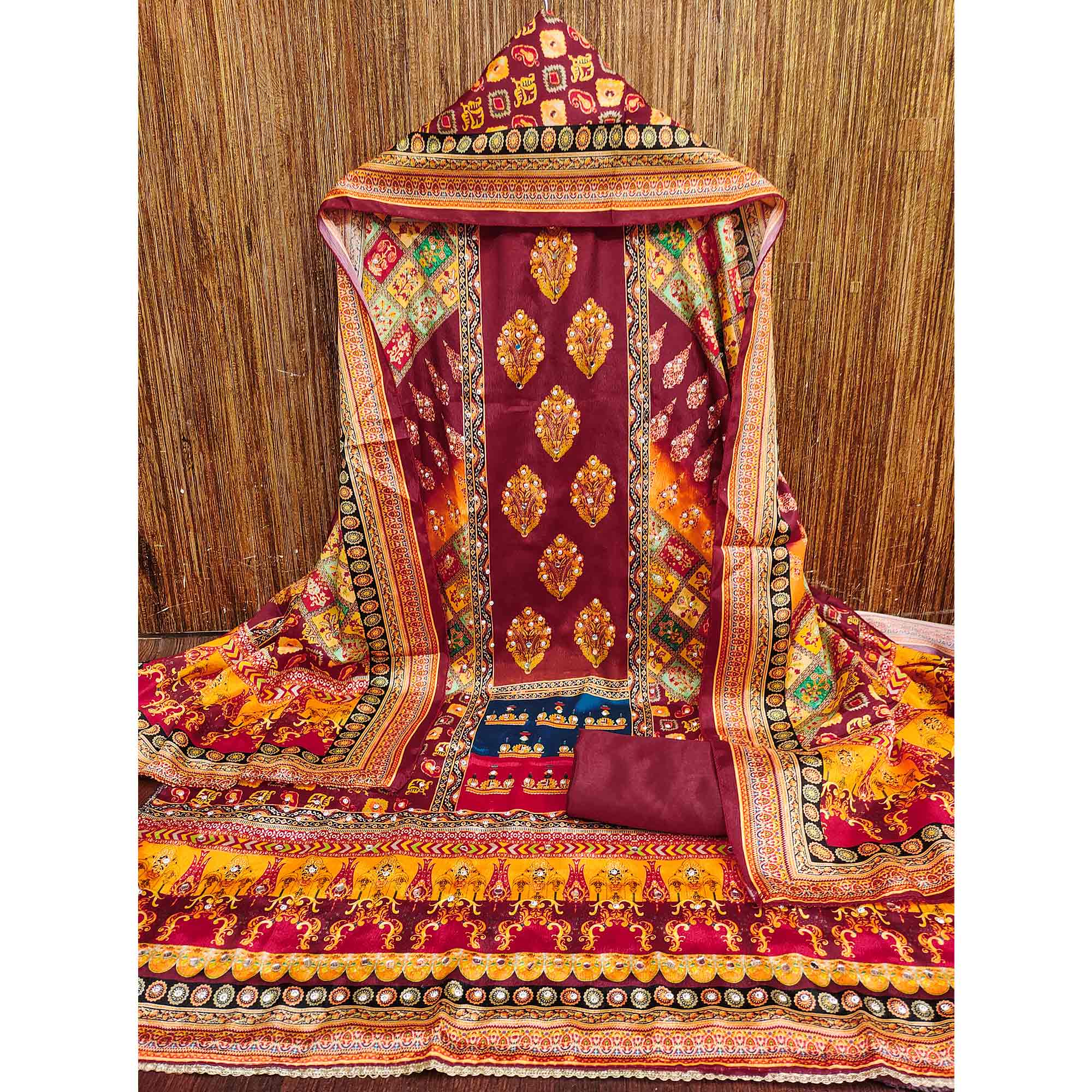 Maroon Chinon Dress Material With Reflective Mirror Work & Floral Prints