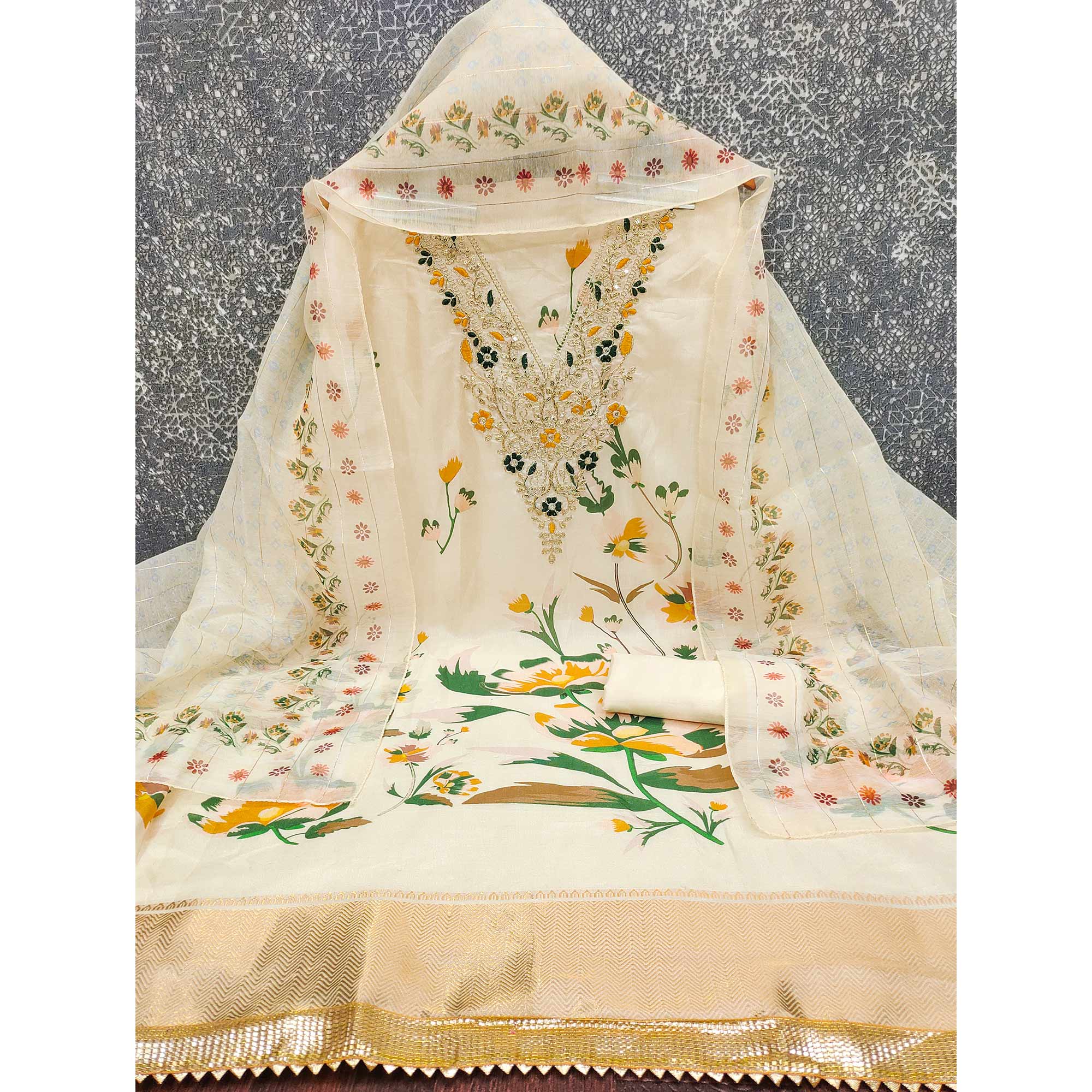 Cream Chanderi Silk Dress Material With Alluring Floral Digital Print & Delicate Cording Embroidery