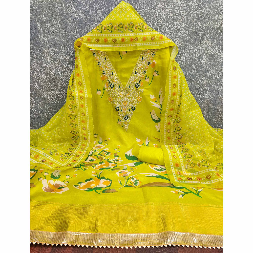 Green Chanderi Silk Dress Material With Alluring Floral Digital Print & Delicate Cording Embroidery