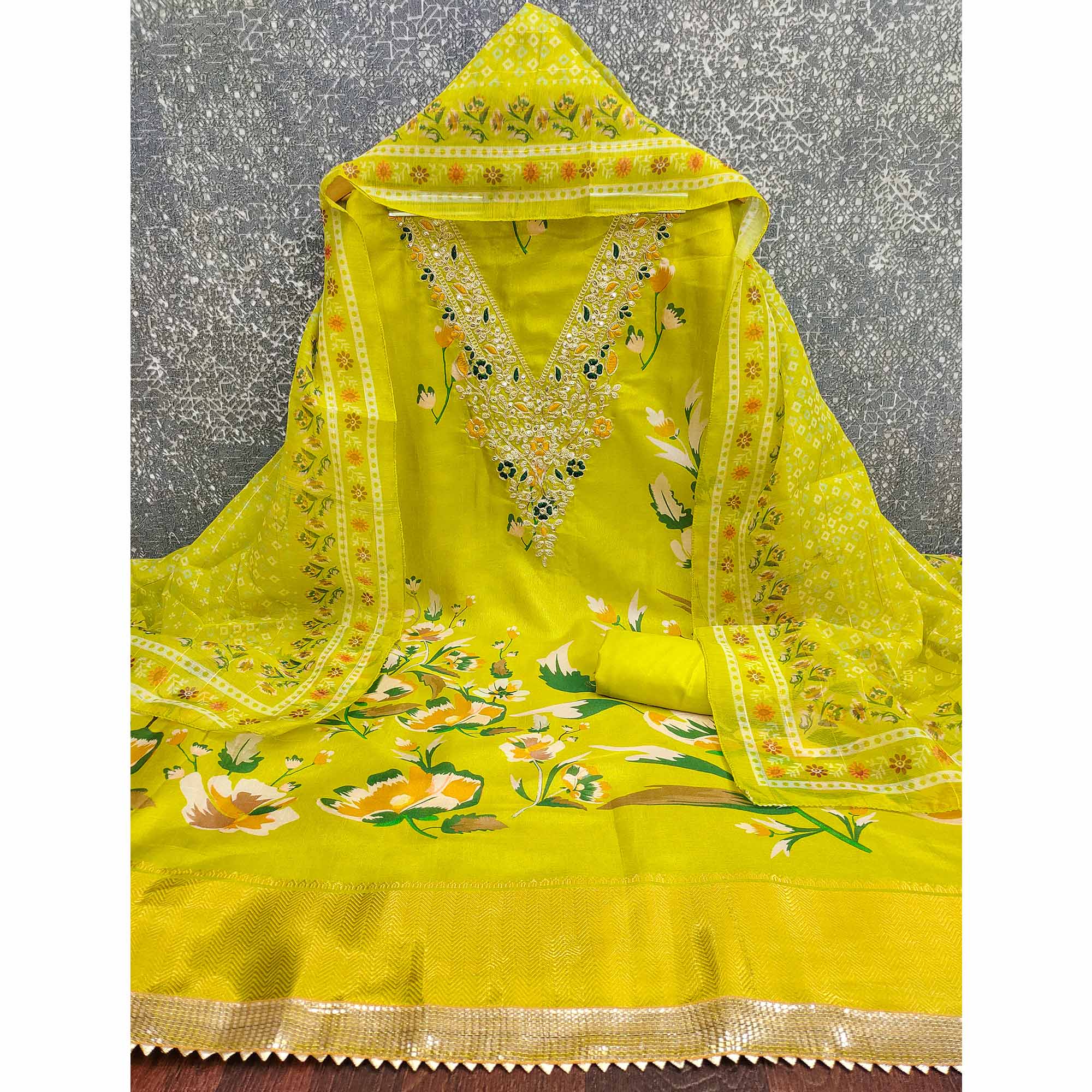 Green Chanderi Silk Dress Material With Alluring Floral Digital Print & Delicate Cording Embroidery
