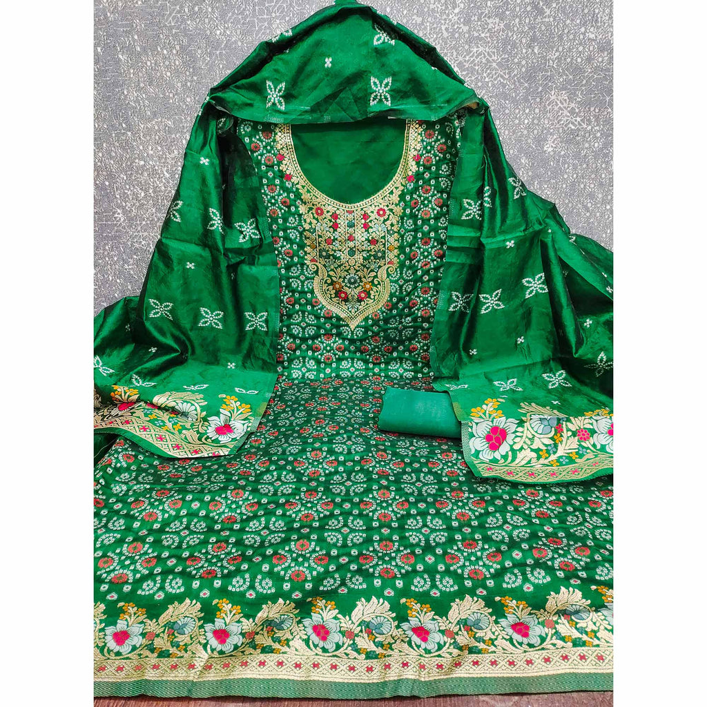 Green Banarasi Silk Jacquard Dress Material Adorned With Intricate Floral Zari Weaving