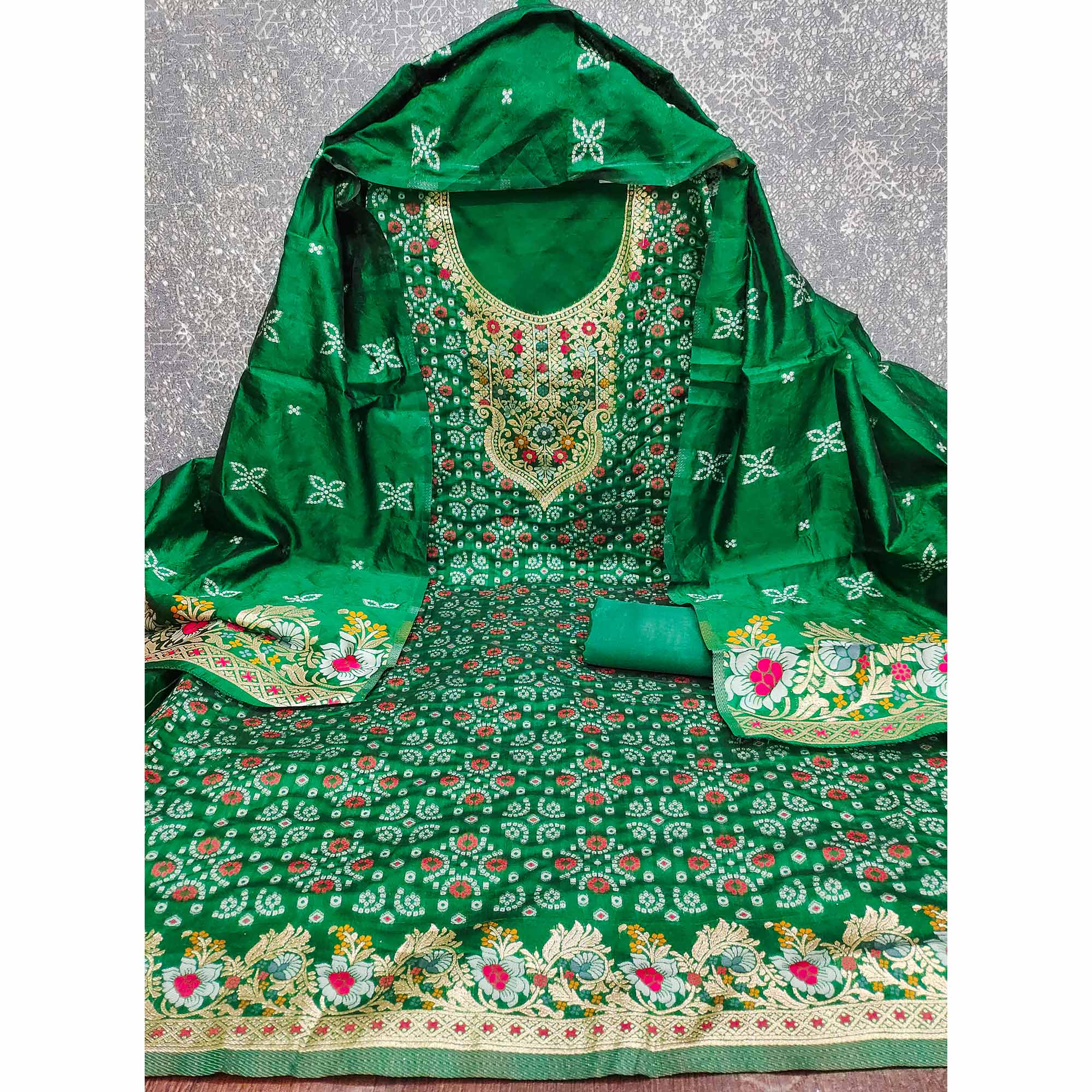 Green Banarasi Silk Jacquard Dress Material Adorned With Intricate Floral Zari Weaving