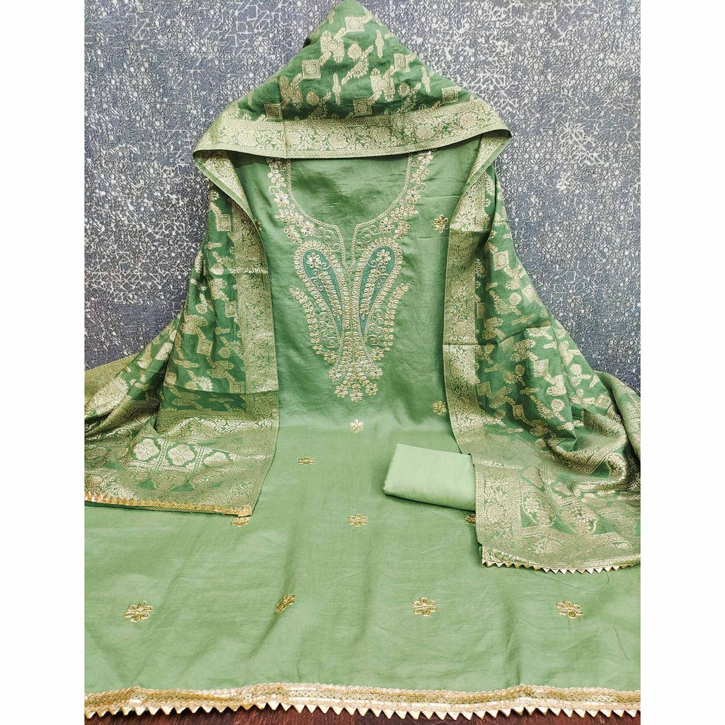 Green Vichitra Silk Dress Material Enhanced With Elegant Floral Sequins Cording Embroidery