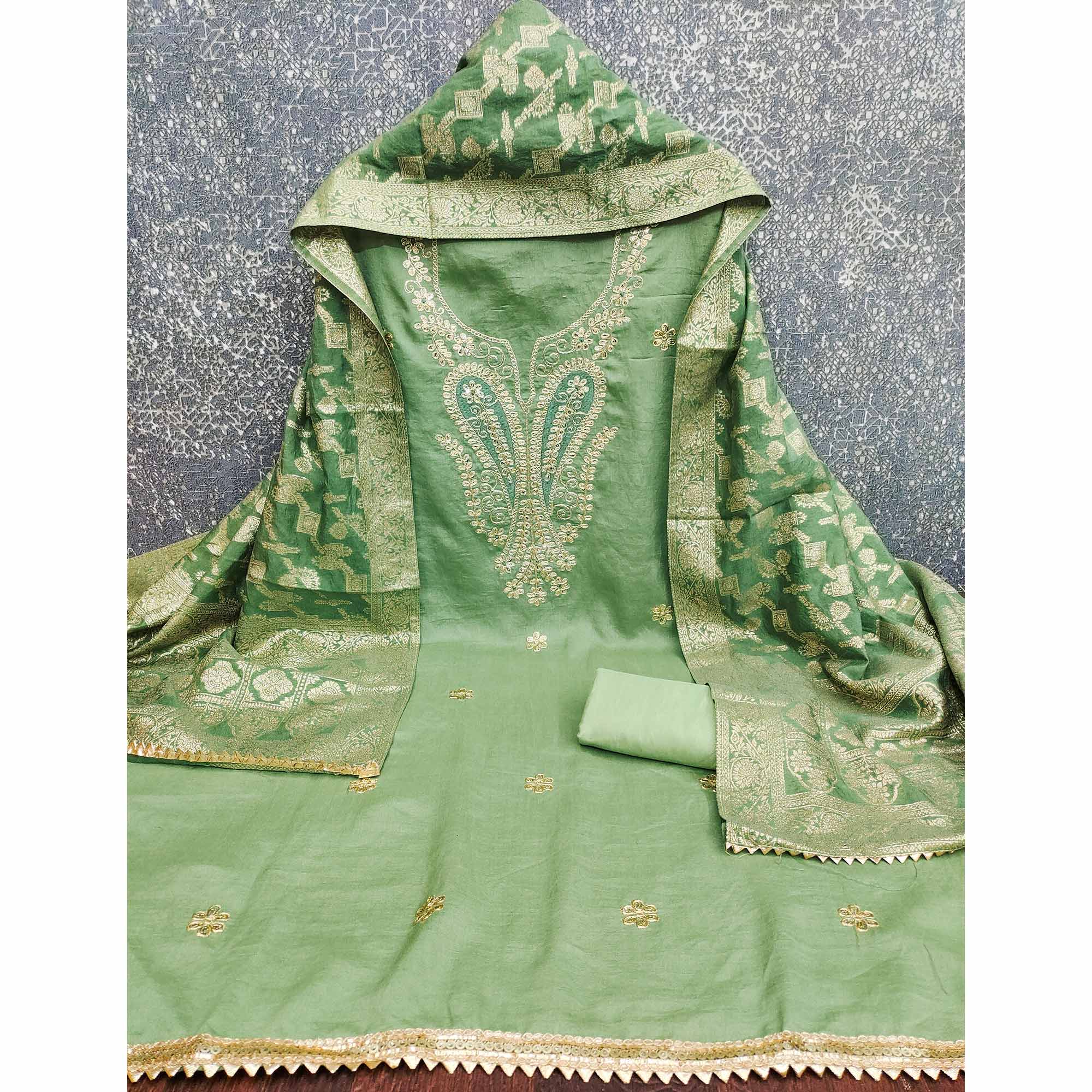 Green Vichitra Silk Dress Material Enhanced With Elegant Floral Sequins Cording Embroidery