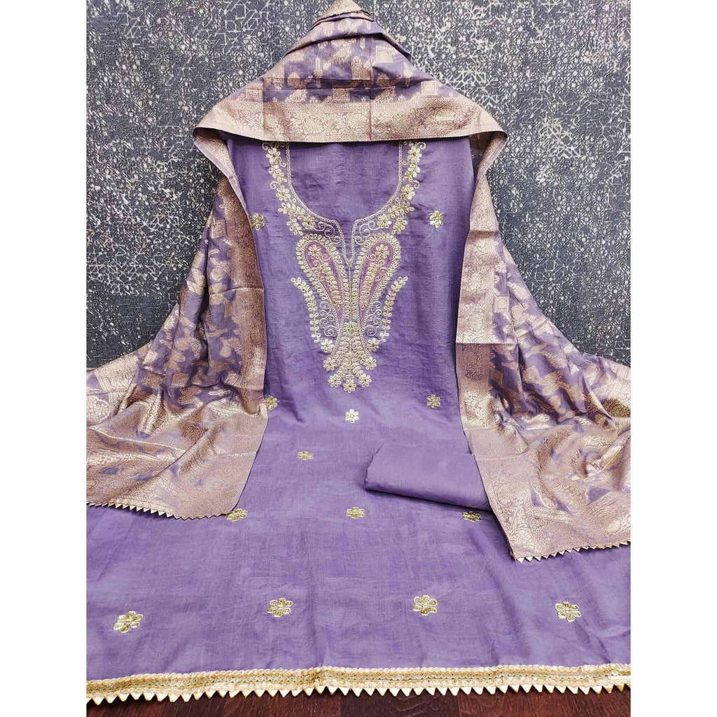 Lavender Vichitra Silk Dress Material Enhanced With Elegant Floral Sequins Cording Embroidery