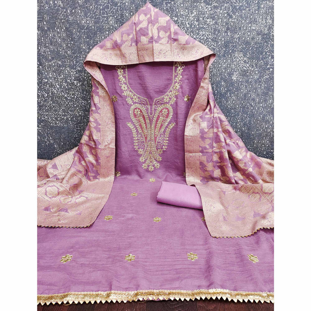 Onion Pink Vichitra Silk Dress Material Enhanced With Elegant Floral Sequins Cording Embroidery