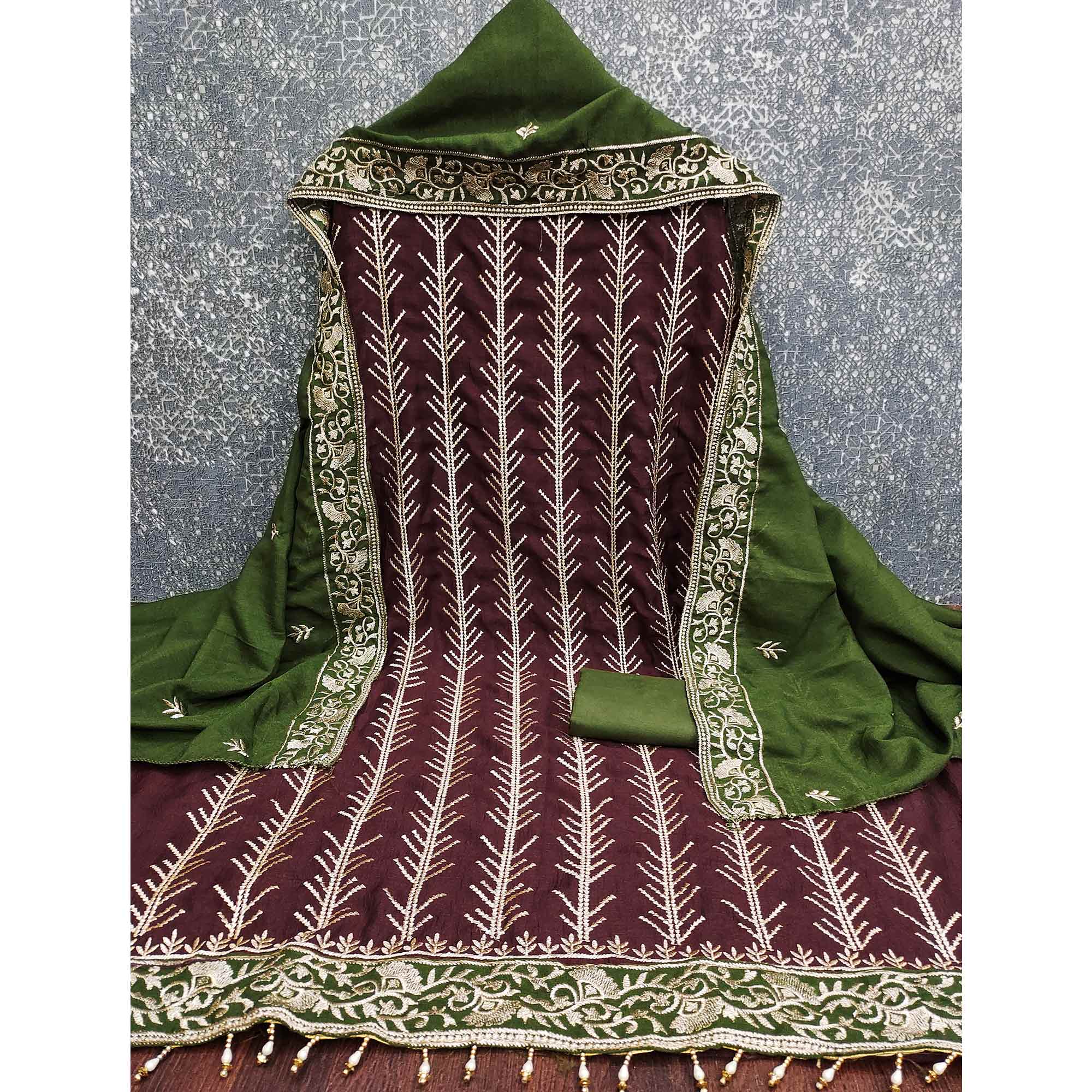 Dark Maroon Vichitra Silk Dress Material Featuring Graceful Floral Embroidery Work