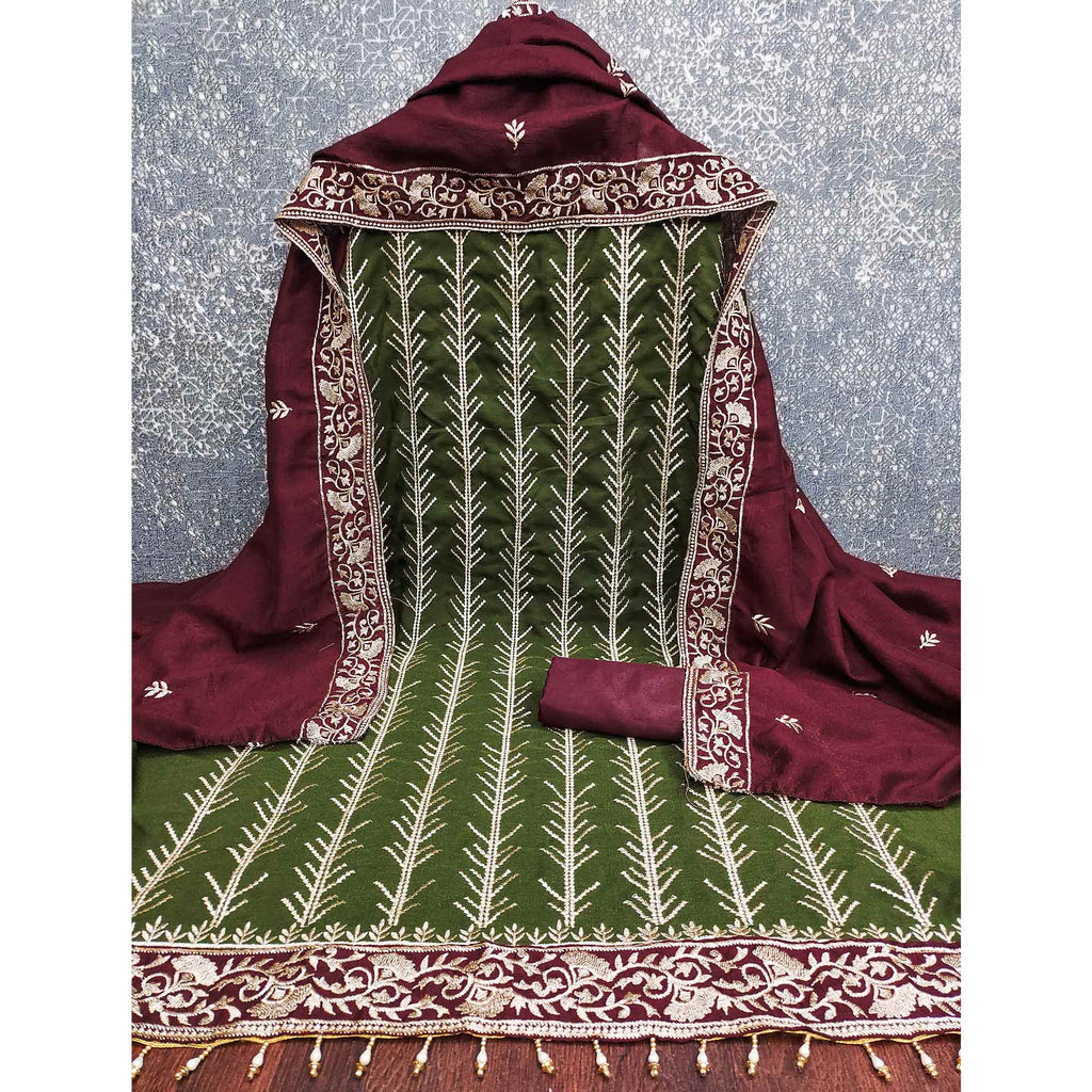 Green Vichitra Silk Dress Material Featuring Graceful Floral Embroidery Work