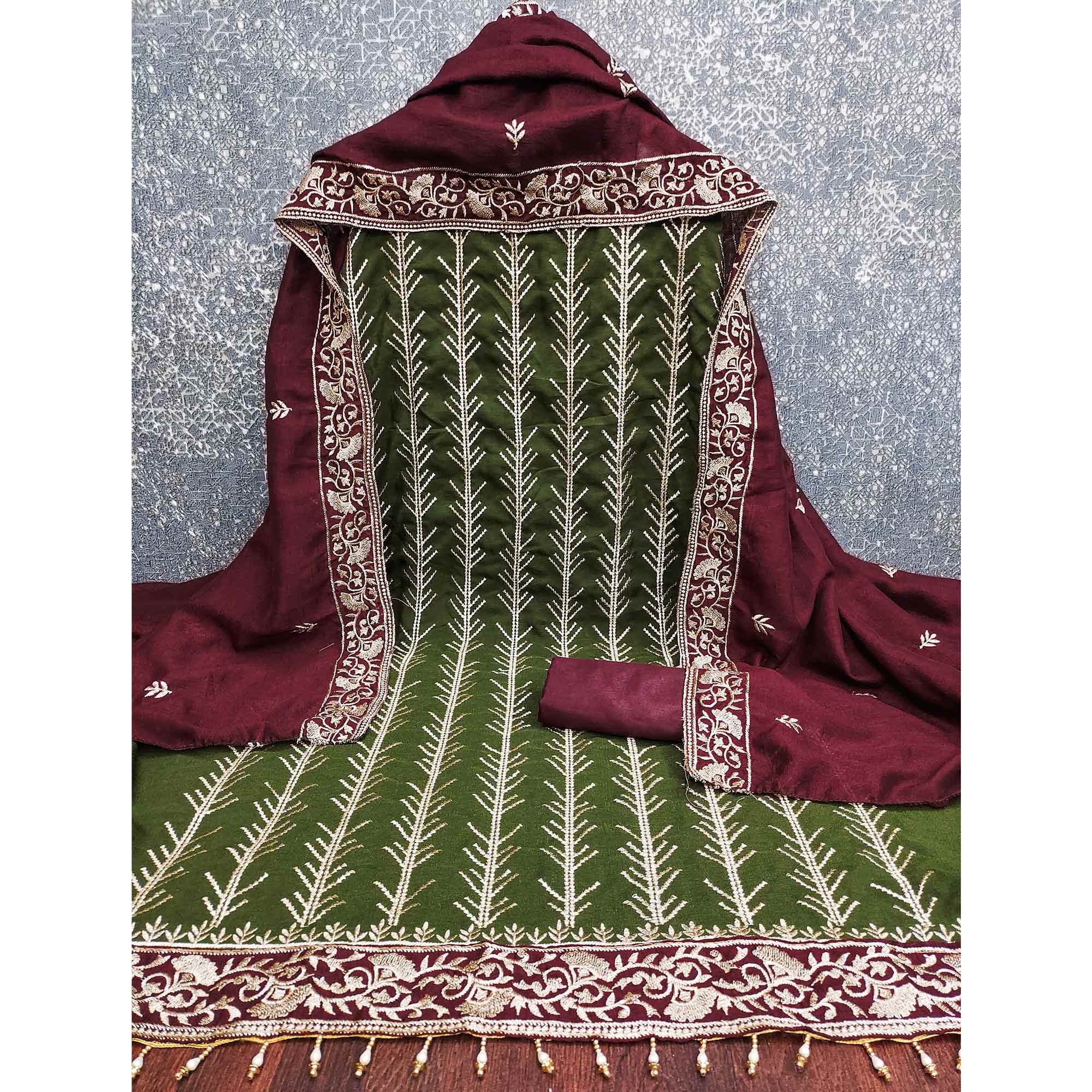 Green Vichitra Silk Dress Material Featuring Graceful Floral Embroidery Work