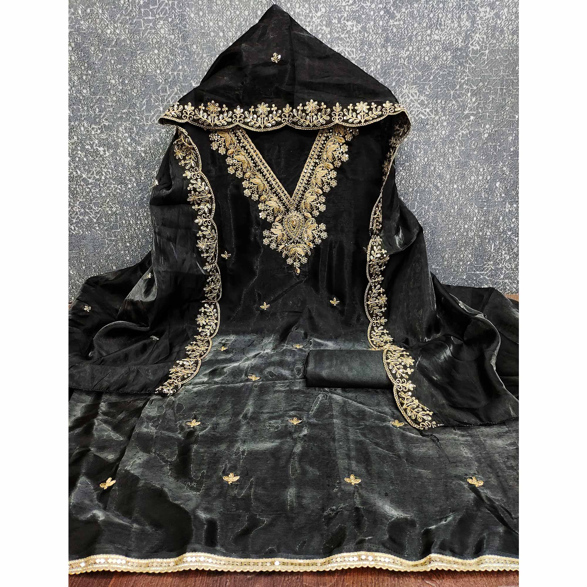Black Unstitched Organza Suit with Thread Embroidery