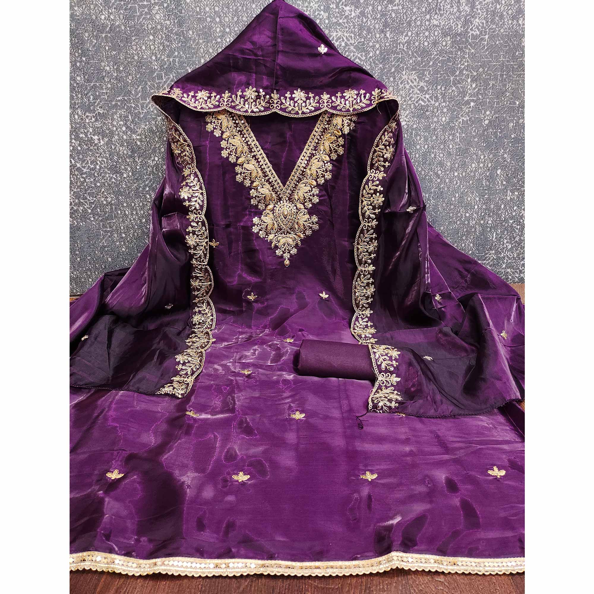Deep Purple Unstitched Organza Suit with Thread Embroidery