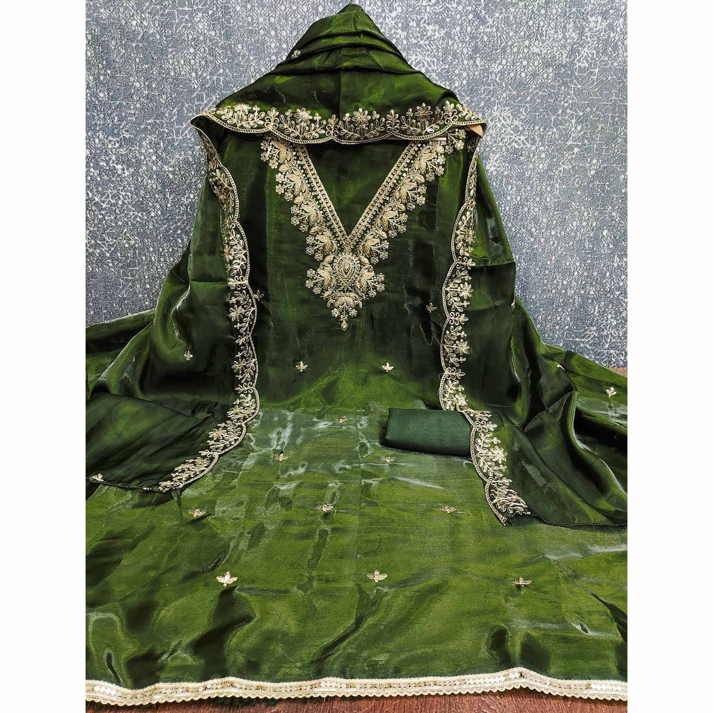 Green Unstitched Organza Suit with Thread Embroidery