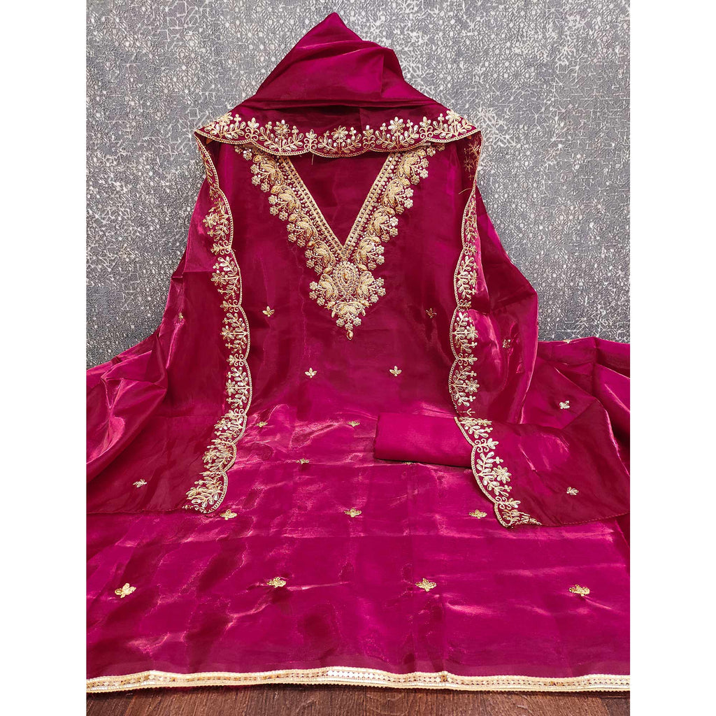 Pink Unstitched Organza Suit with Thread Embroidery