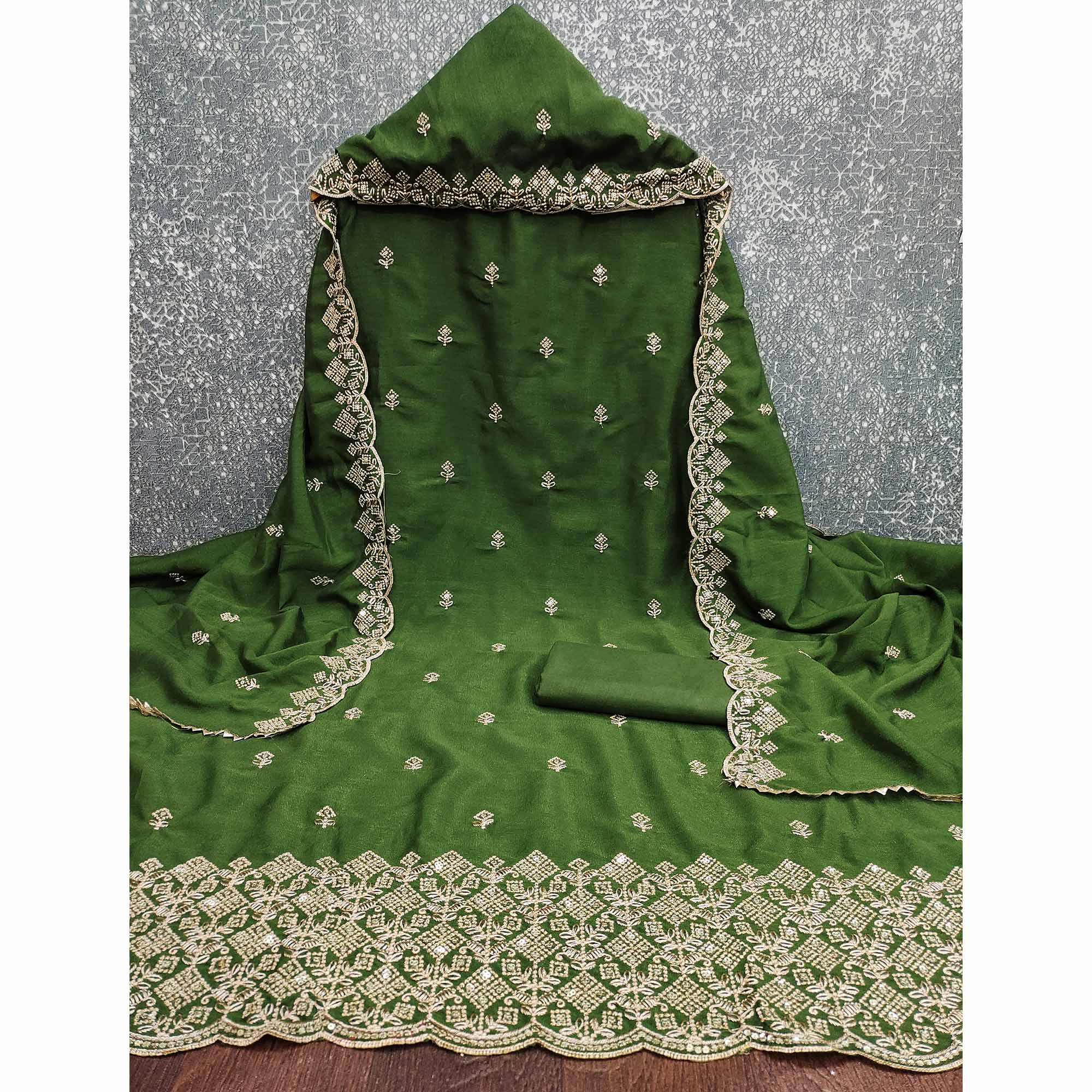 Green Vichitra Silk Dress Material Featuring Intricate Floral Embroidery & Sequins Work