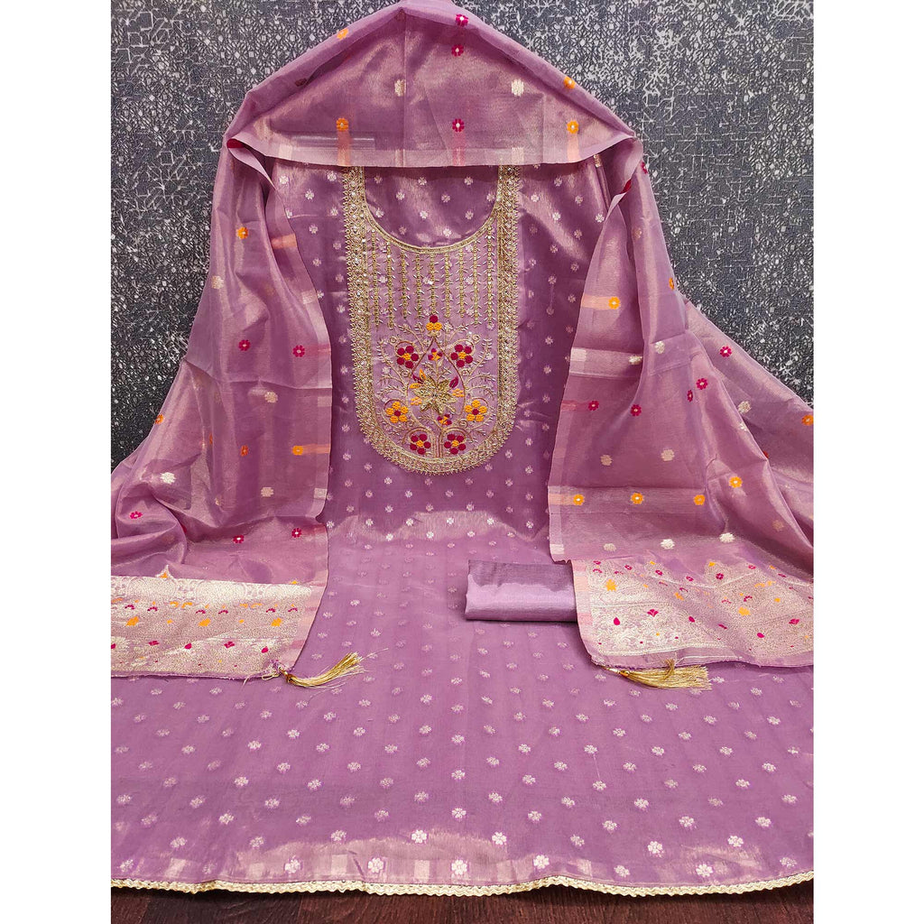 Lavender Shimmer Dress Material Adorned With Graceful Floral Weaving & Delicate Sequins Embroidery