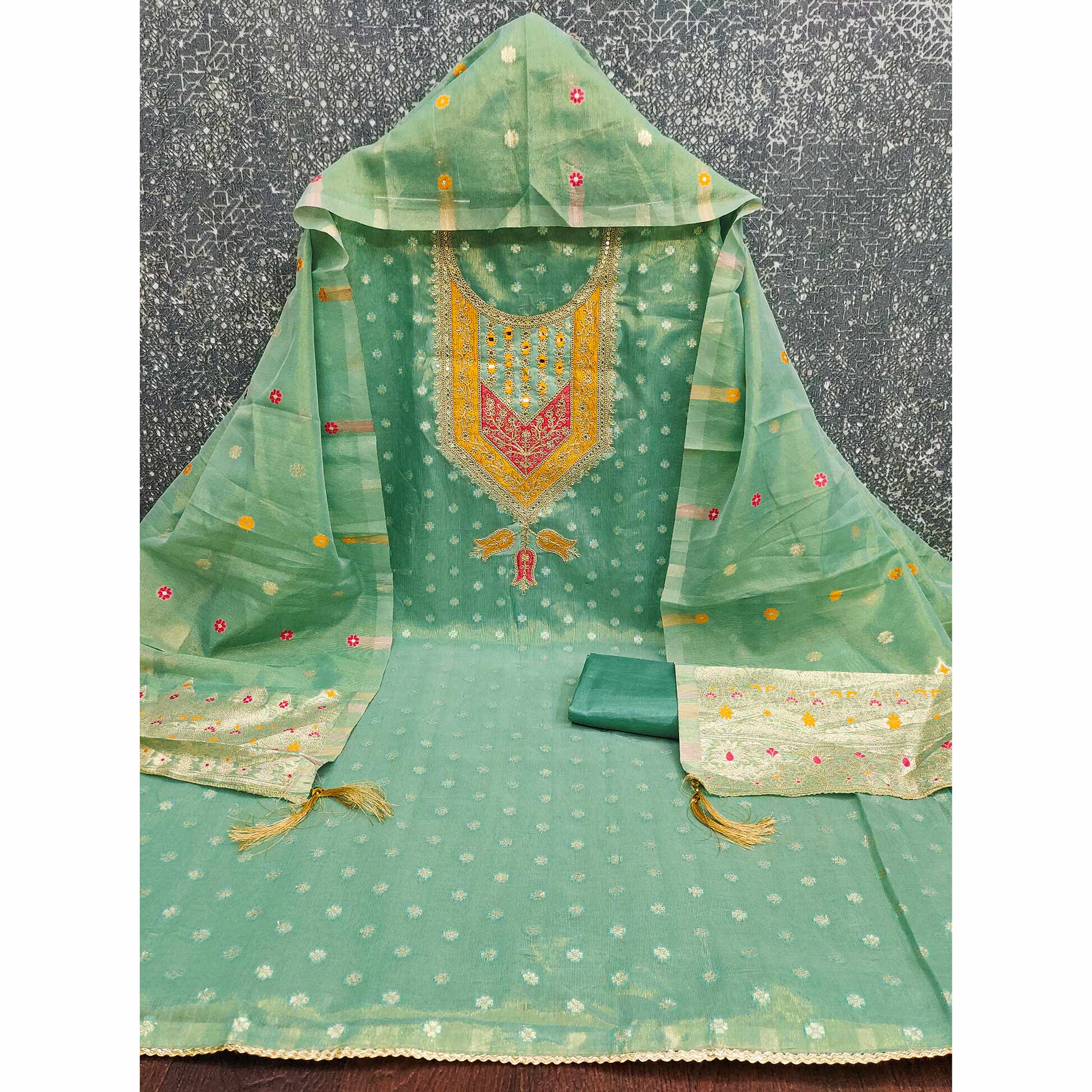 Green Shimmer Dress Material Featuring Floral Weaving & Sparkling Sequins Embroidery