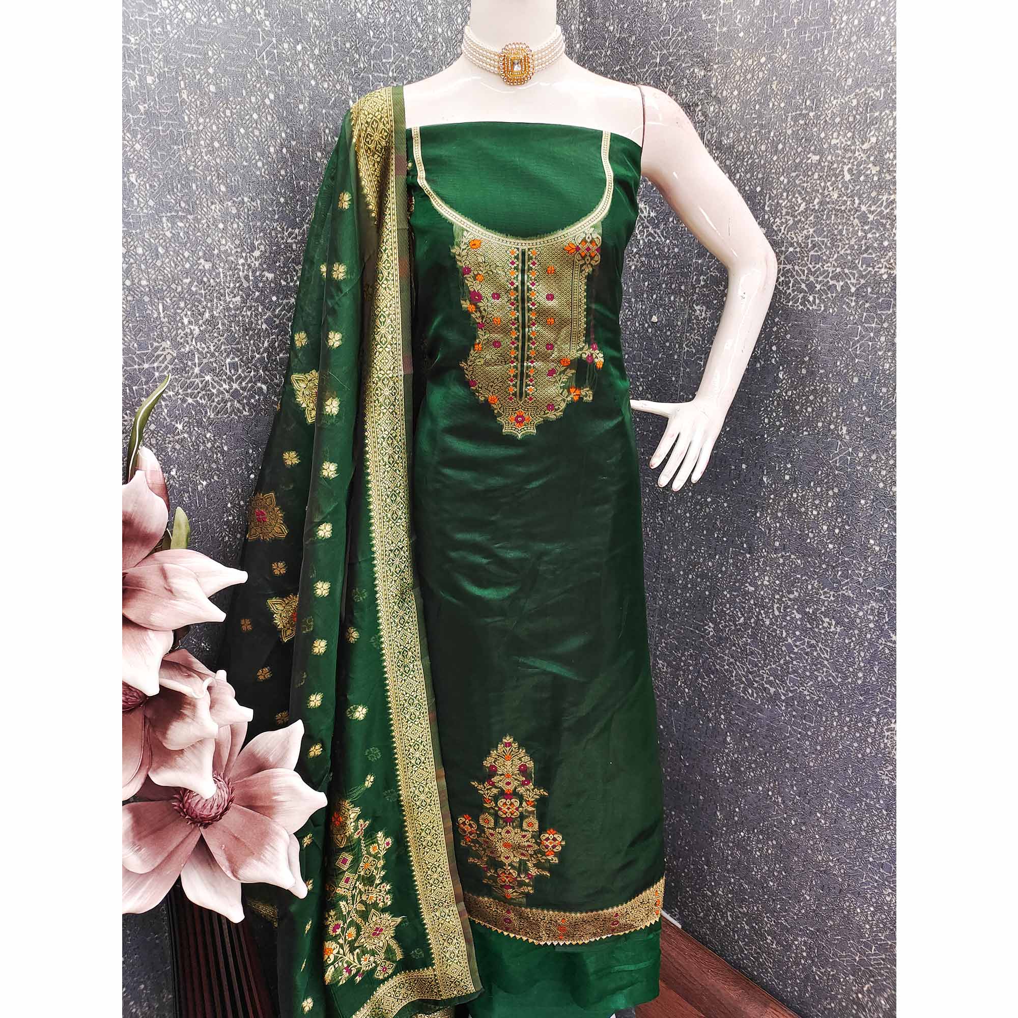 Green Organza Silk Dress Material Adorned With Exquisite Floral Zari Weaving Work