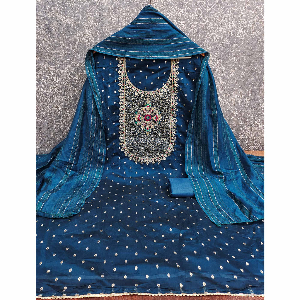 Morpich Blue Floral Butti Jacquard Chanderi Silk Dress Material With Sparkling Sequins Embroidery