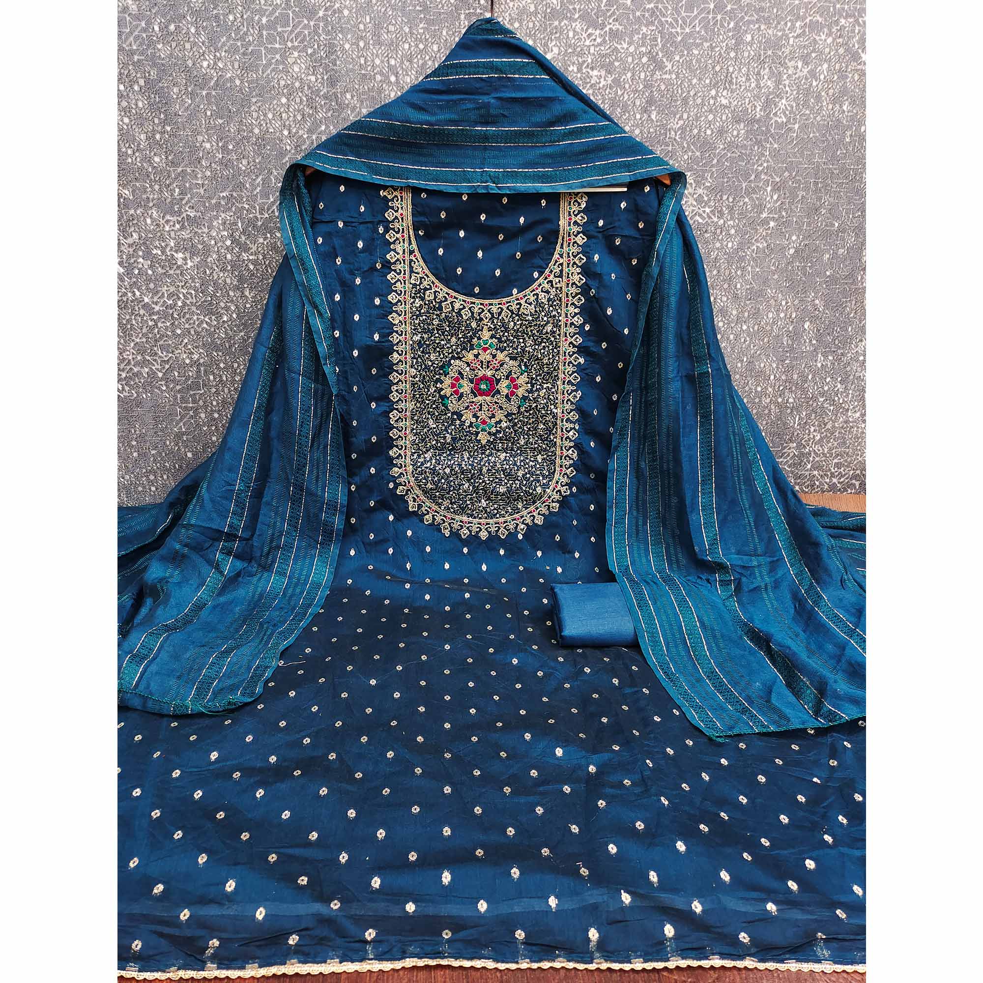 Morpich Blue Floral Butti Jacquard Chanderi Silk Dress Material With Sparkling Sequins Embroidery