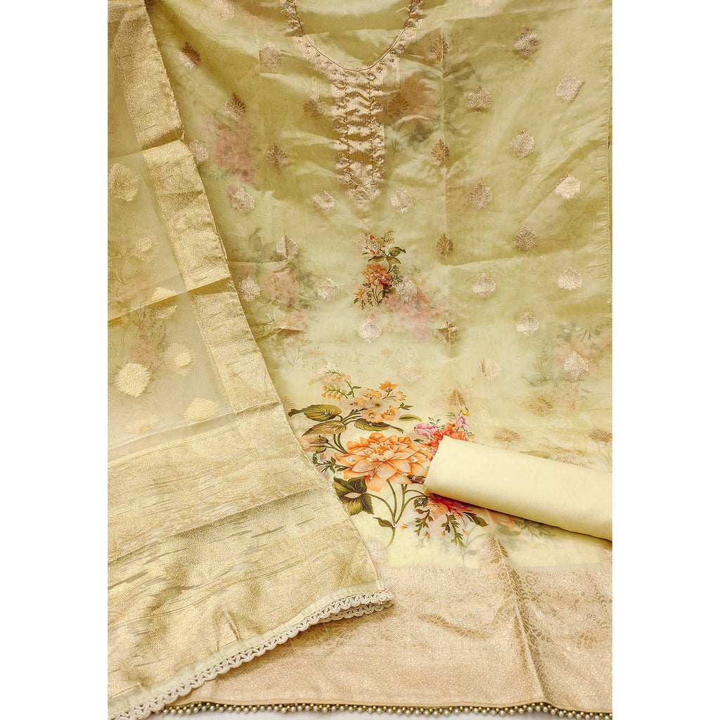 Light Yellow Woven With Digital Printed Organza Dress Material