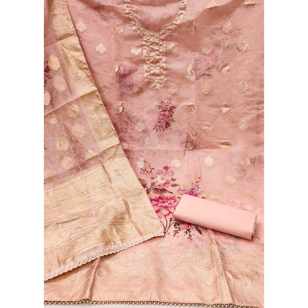 Peach Woven With Digital Printed Organza Dress Material
