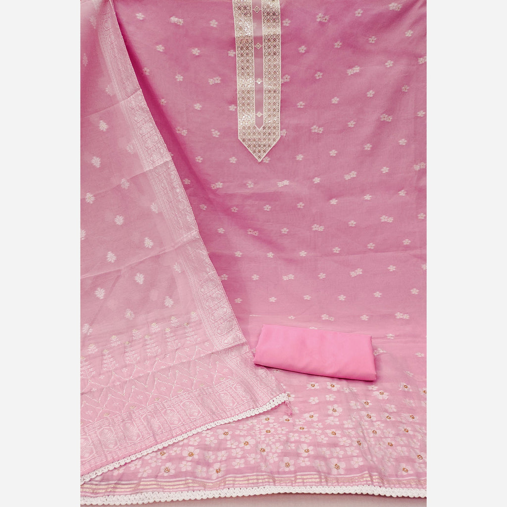 Pink Floral Woven With Hand Embroidered Muslin Dress Material