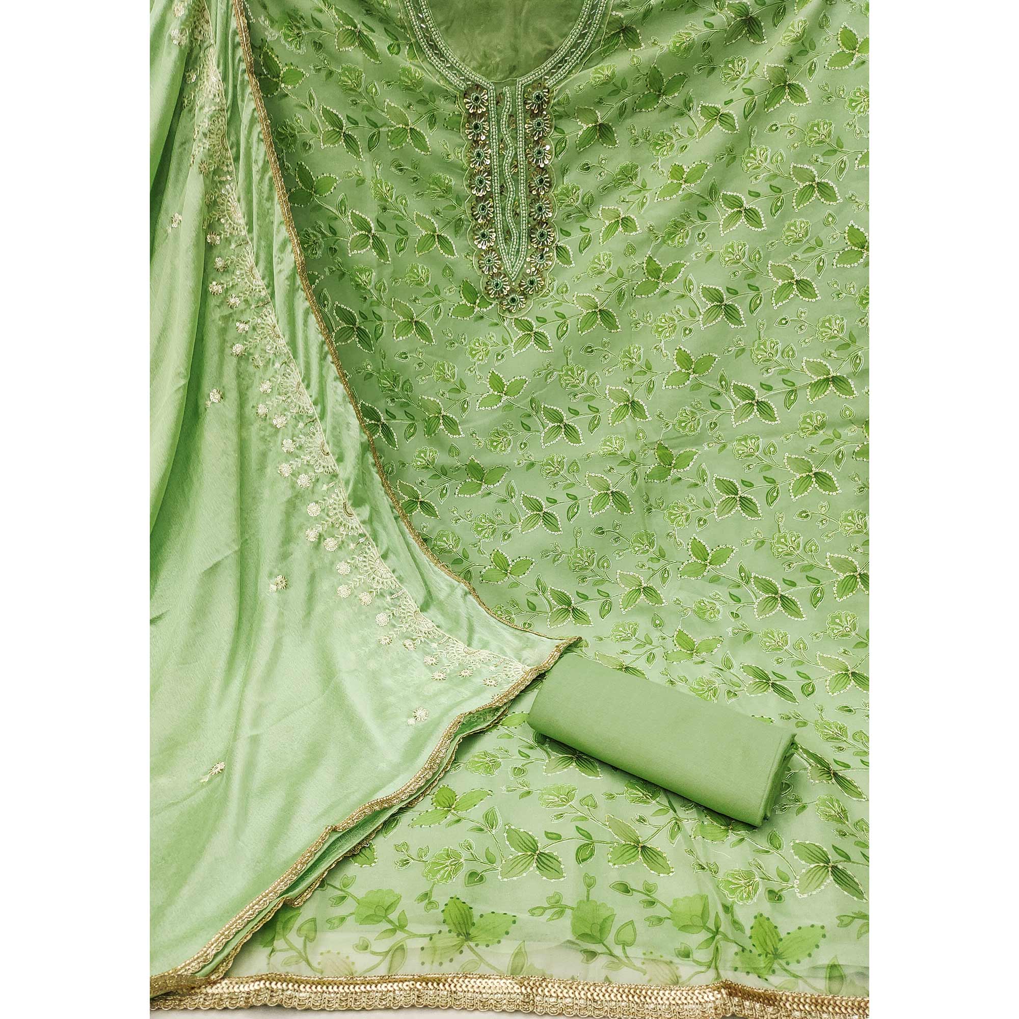 Green Floral Hand Embroidered Organza Dress Material