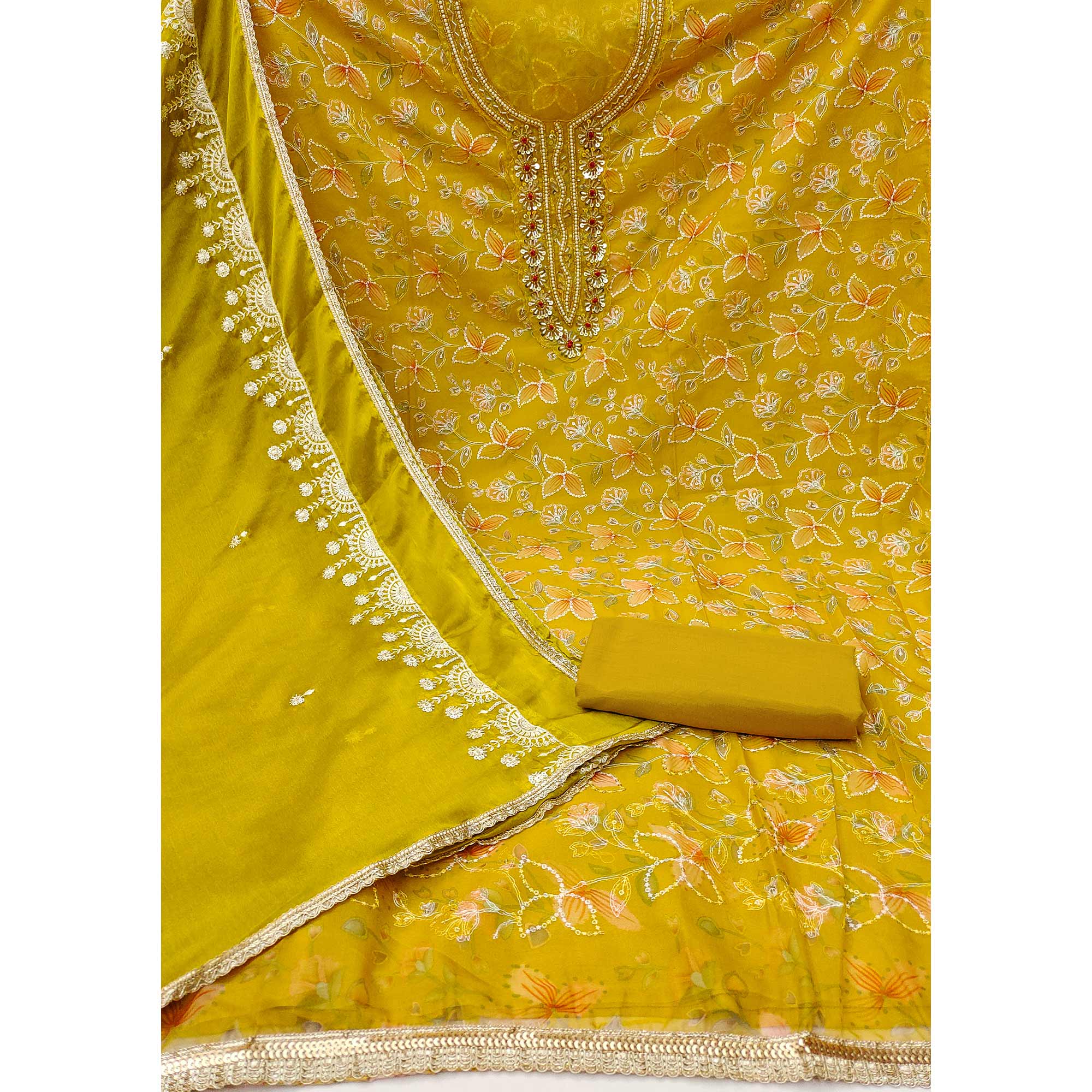 Mustard Floral Hand Embroidered Organza Dress Material