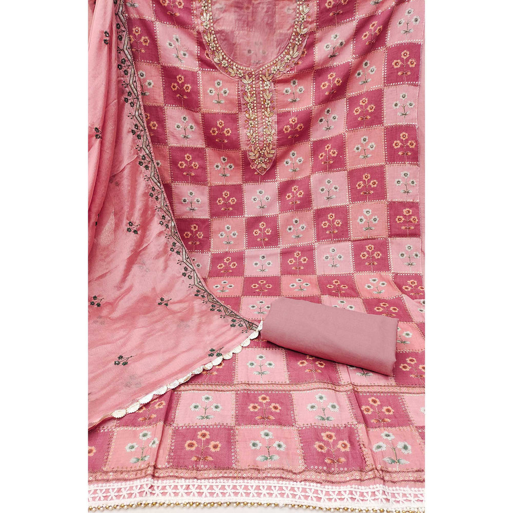 Peach Floral Hand Embroidered Muslin Dress Material