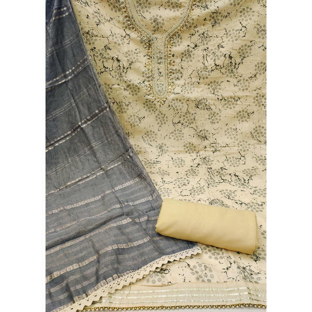 Cream & Dark Grey Digital Printed With Hand Embroidered Muslin Dress Material