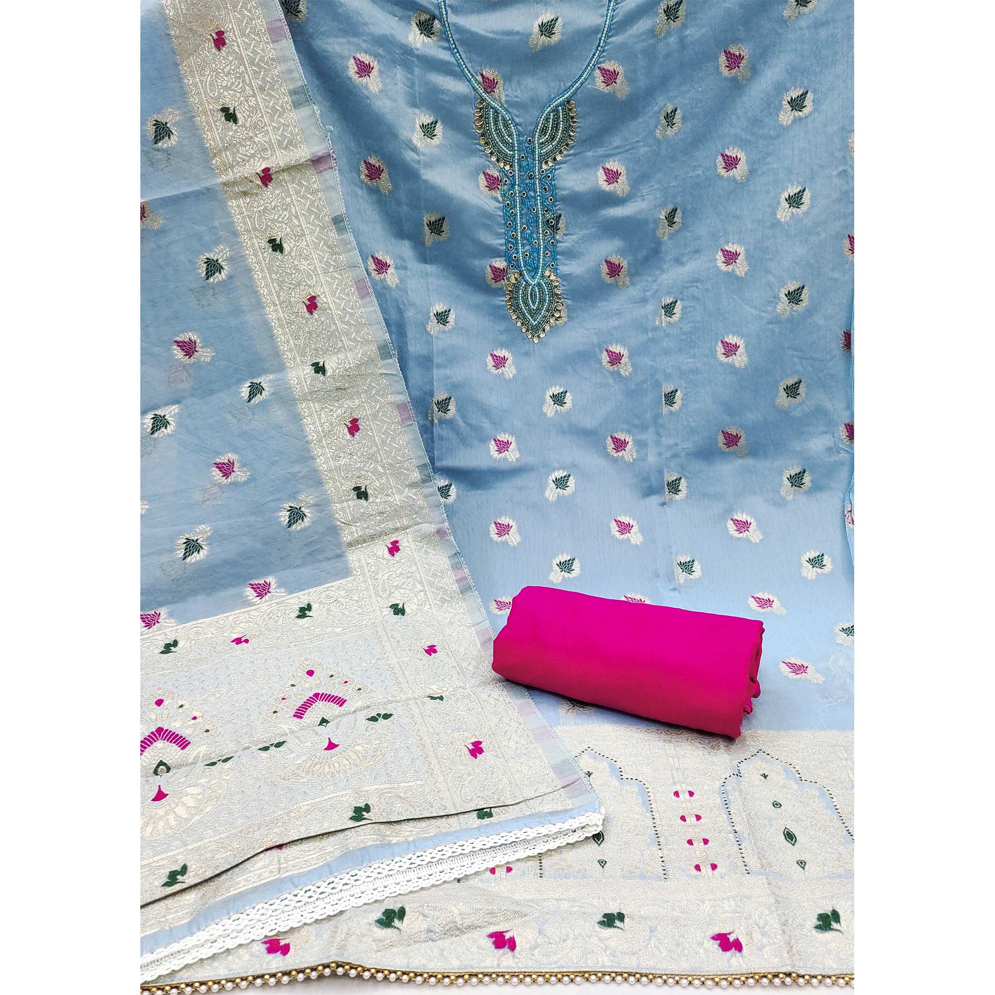 Blue Woven With Handwork Muslin Dress Material