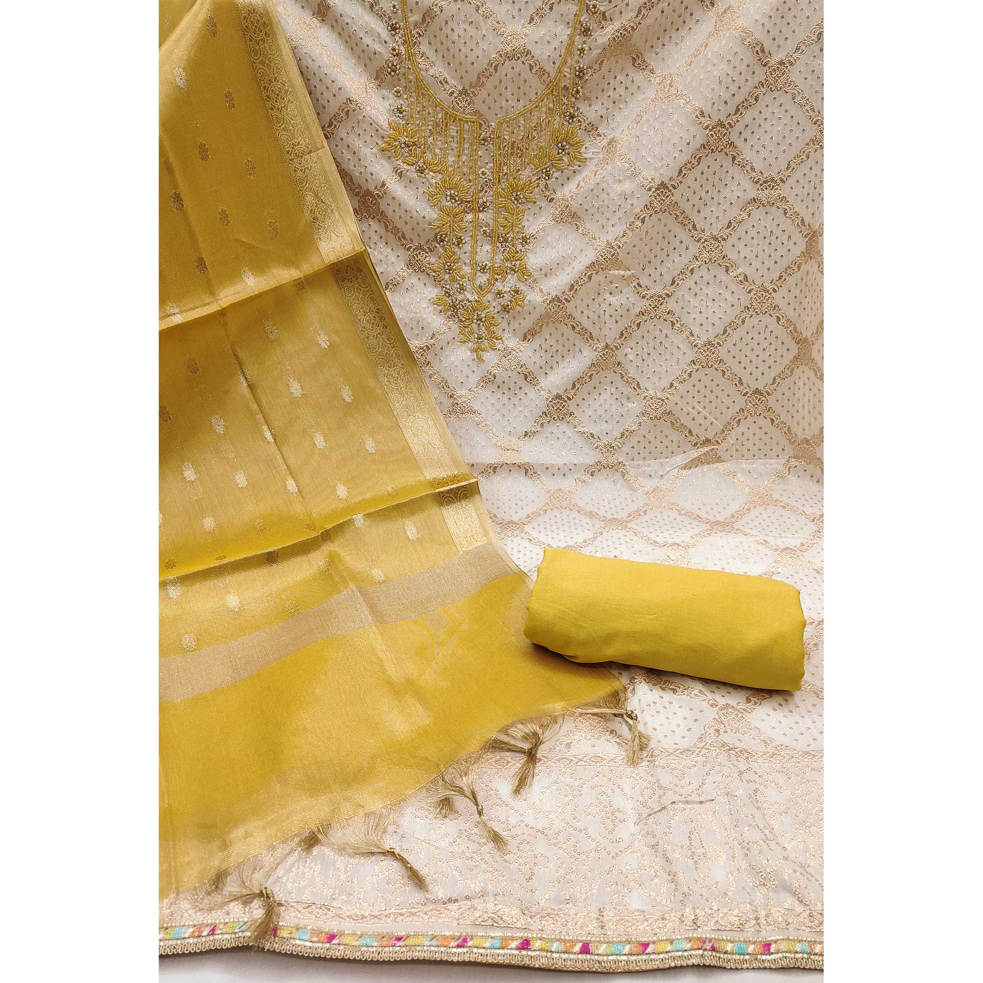 Off white & Yellow Woven With Handwork Muslin Dress Material