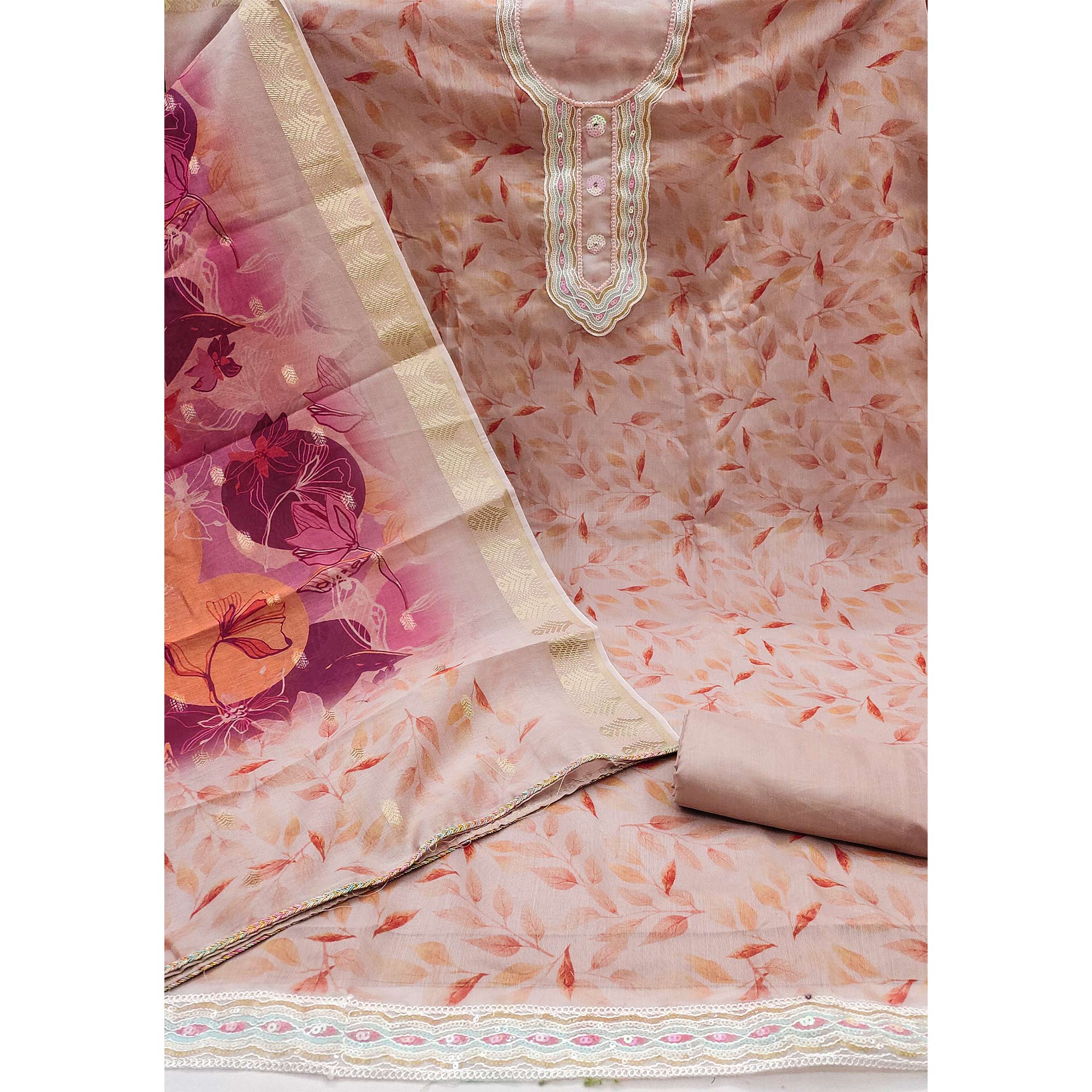 Peach Printed With Sequins Embroidered Chanderi Dress Material
