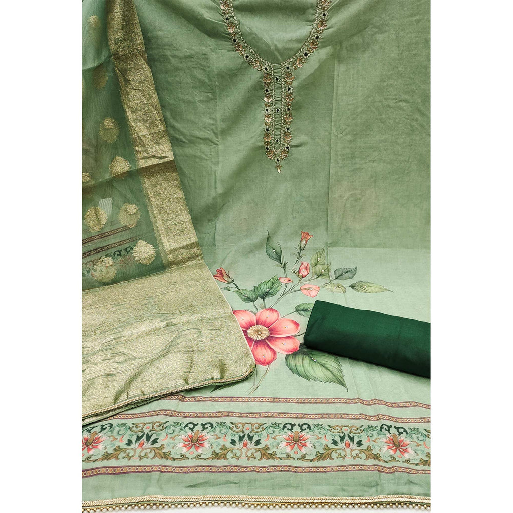 Green Floral Digital Printed With Handwork Pure Cotton Dress Material