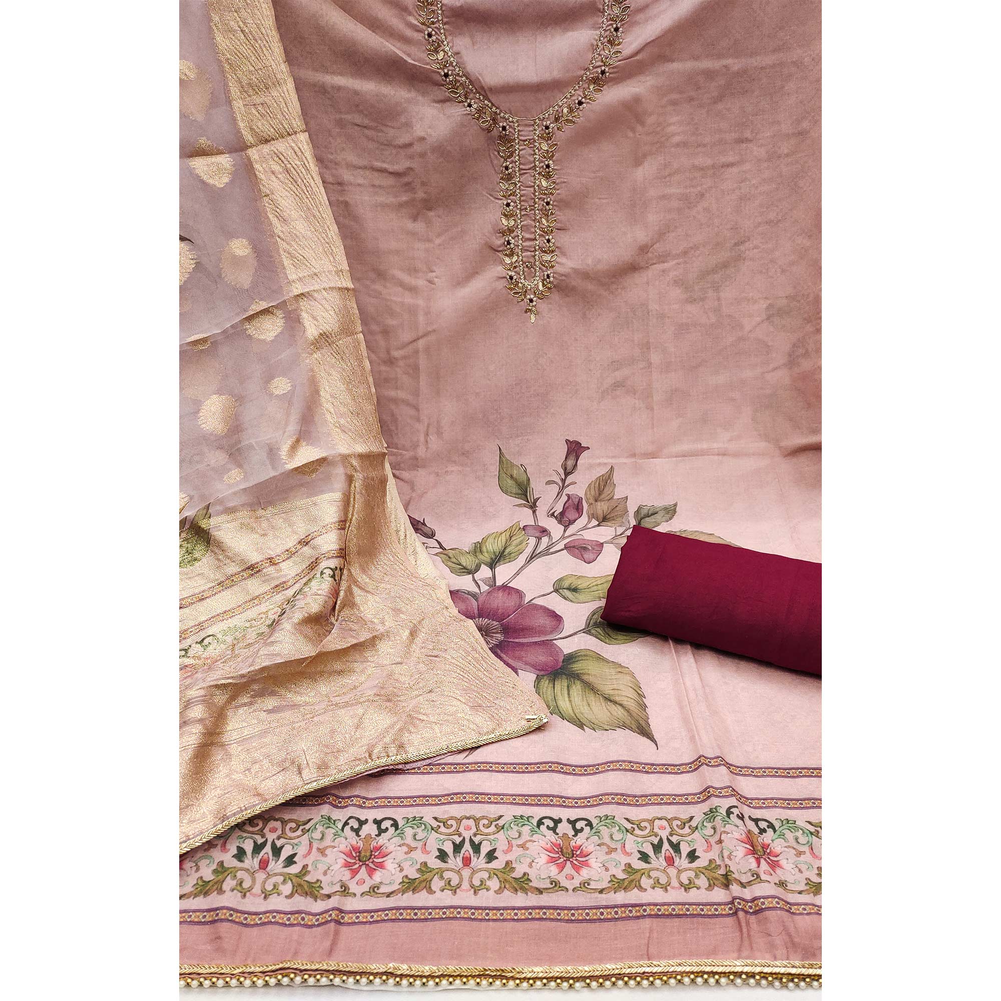 Peach Floral Digital Printed With Handwork Pure Cotton Dress Material