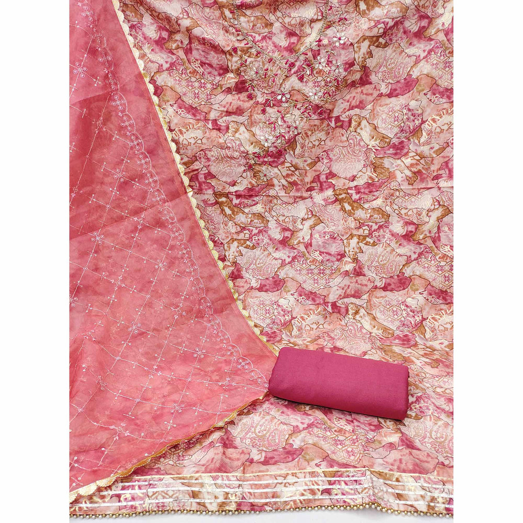 Pink Printed With Hand Embroidered Muslin Dress Material