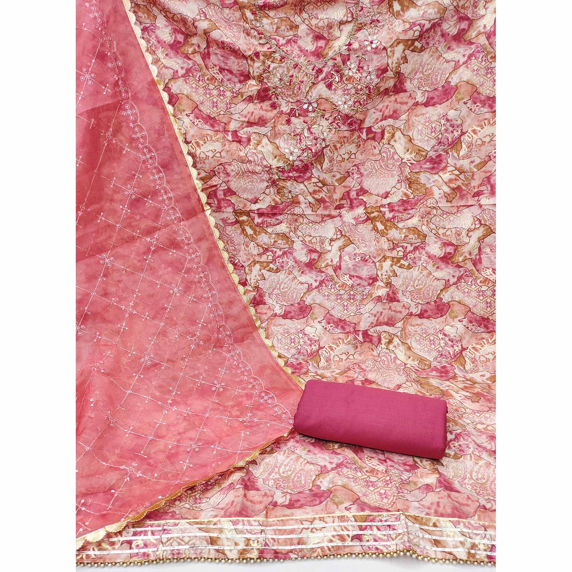 Pink Printed With Hand Embroidered Muslin Dress Material