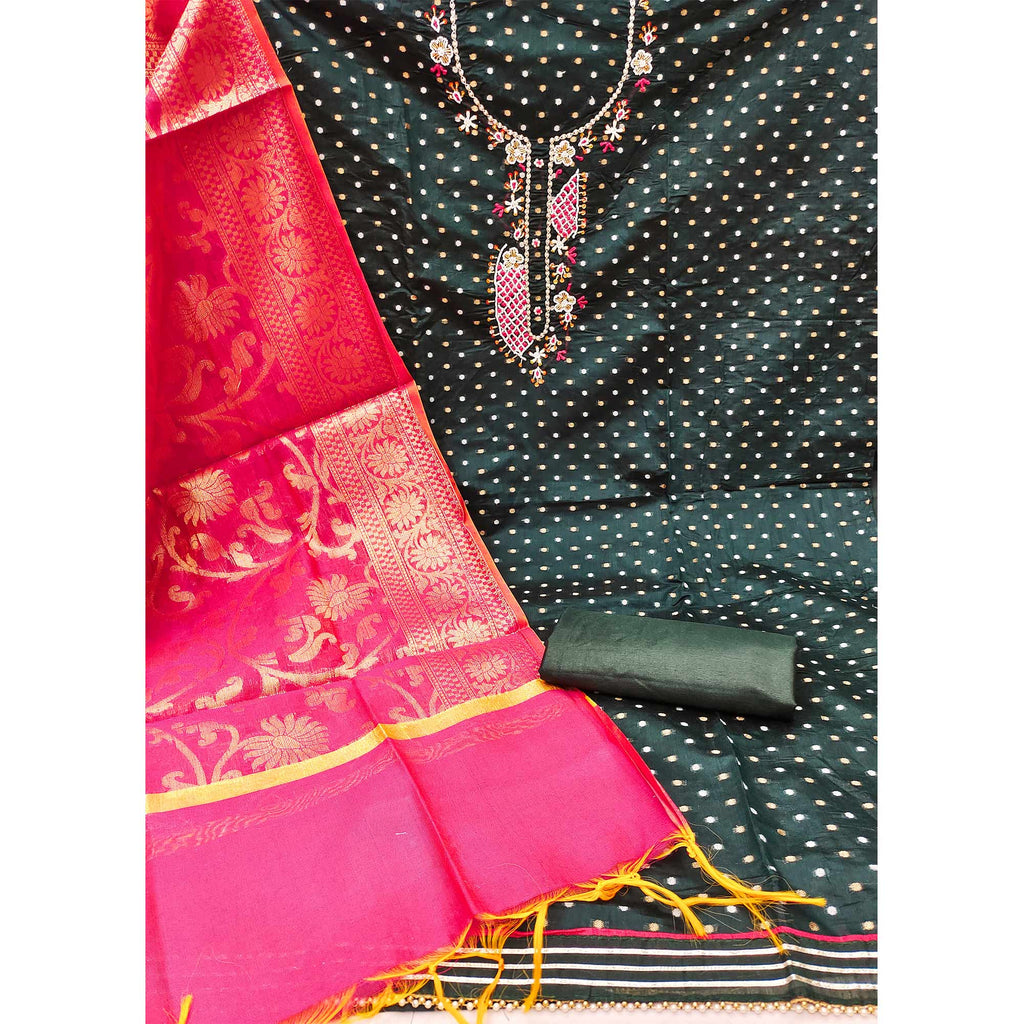 Bottle Green Woven With Hand Embroidery Chanderi Dress Material