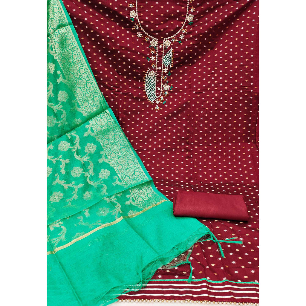Maroon Woven With Hand Embroidery Chanderi Dress Material