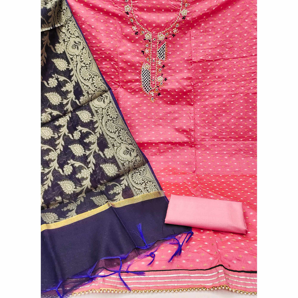 Pink Woven With Hand Embroidery Chanderi Dress Material