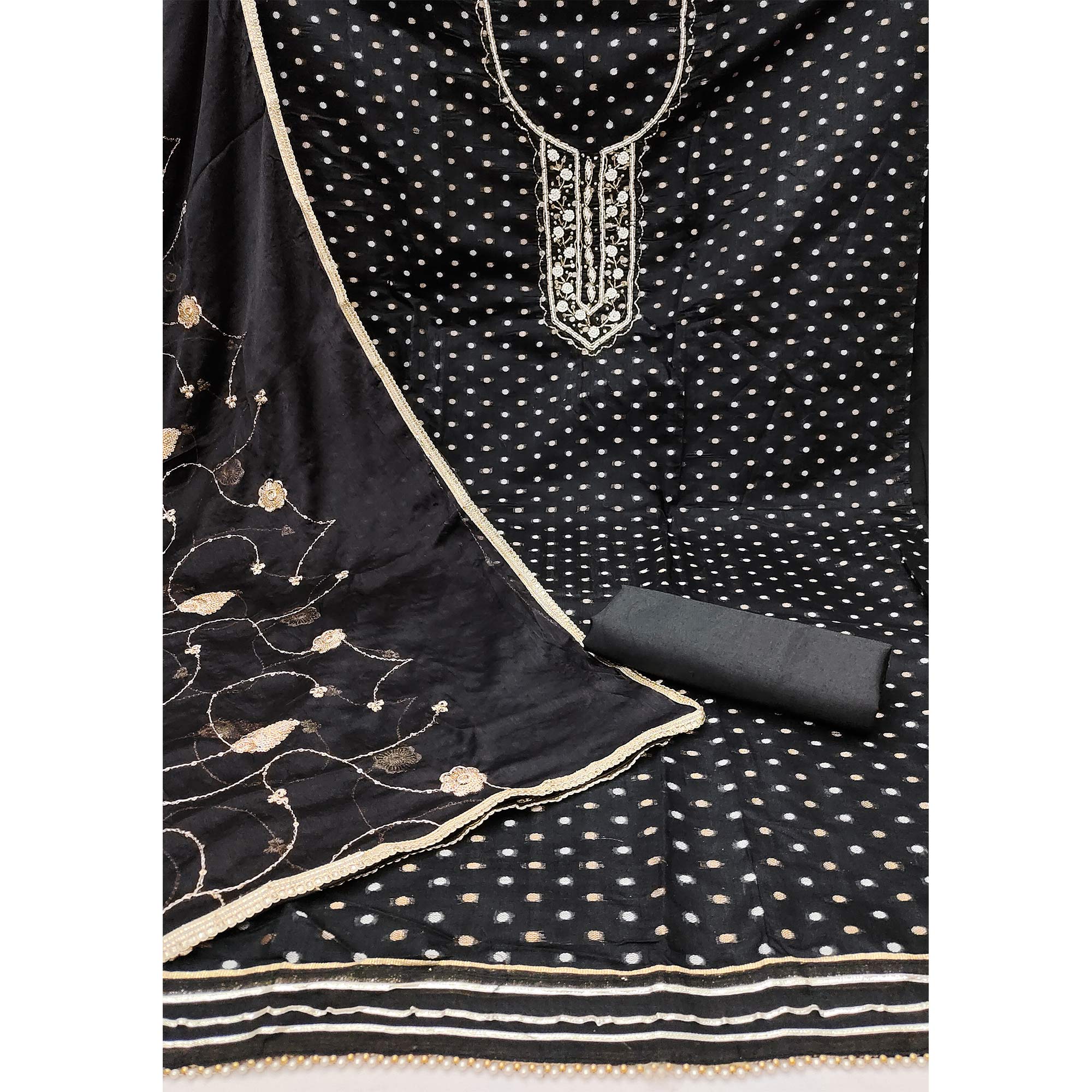Black Woven With Hand Embroidery Chanderi Dress Material
