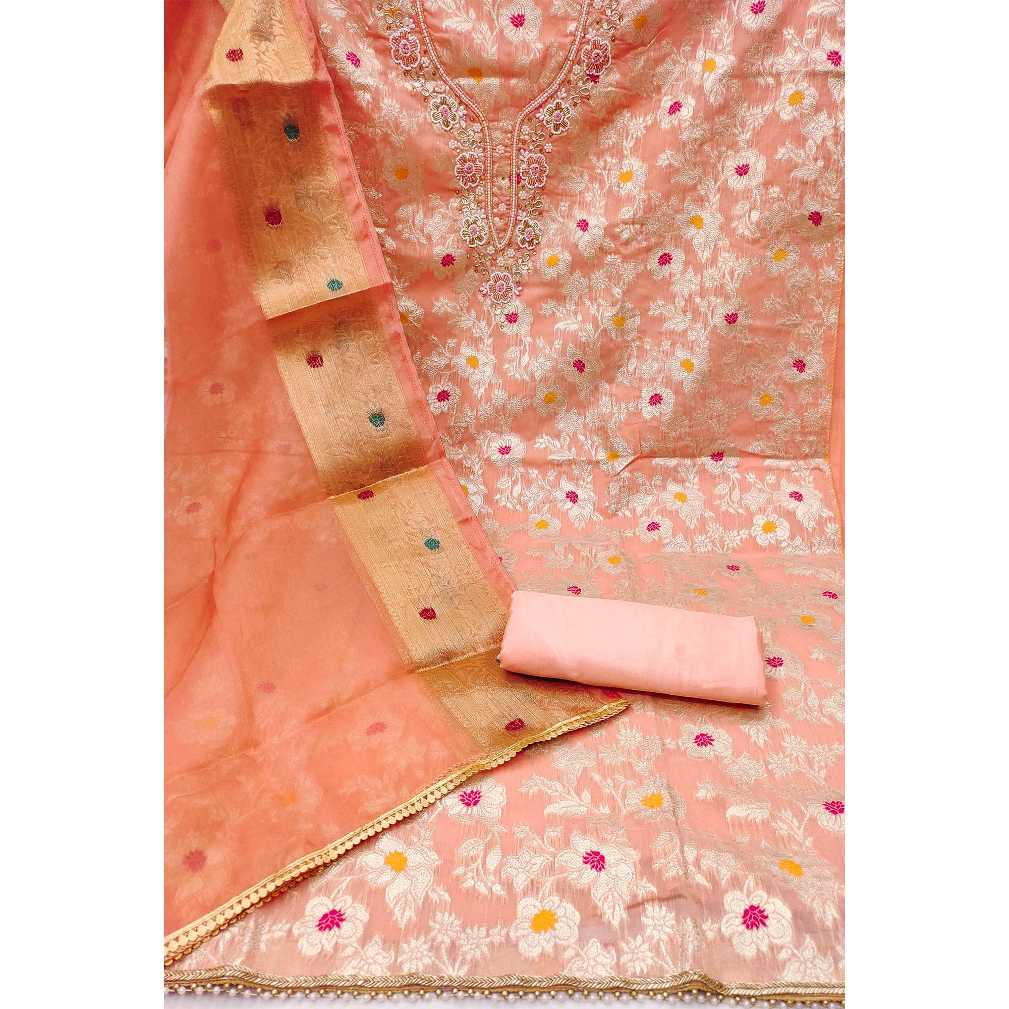 Peach Floral Woven With Hand Embroidery Muslin Dress Material