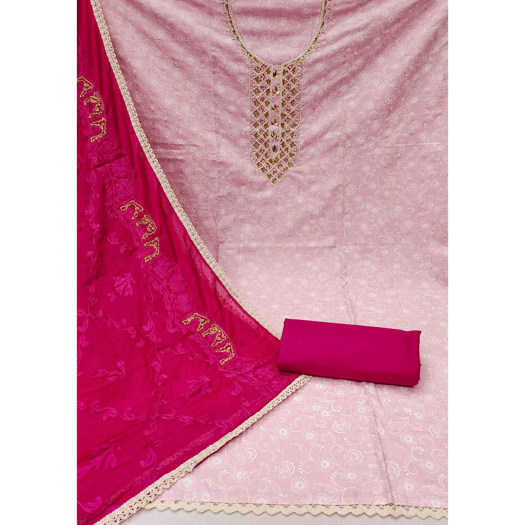 Pink Floral Printed With Hand Embroidery Pure Cotton Dress Material