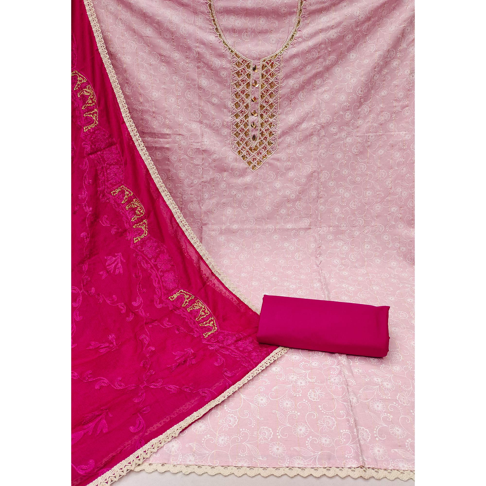 Pink Floral Printed With Hand Embroidery Pure Cotton Dress Material