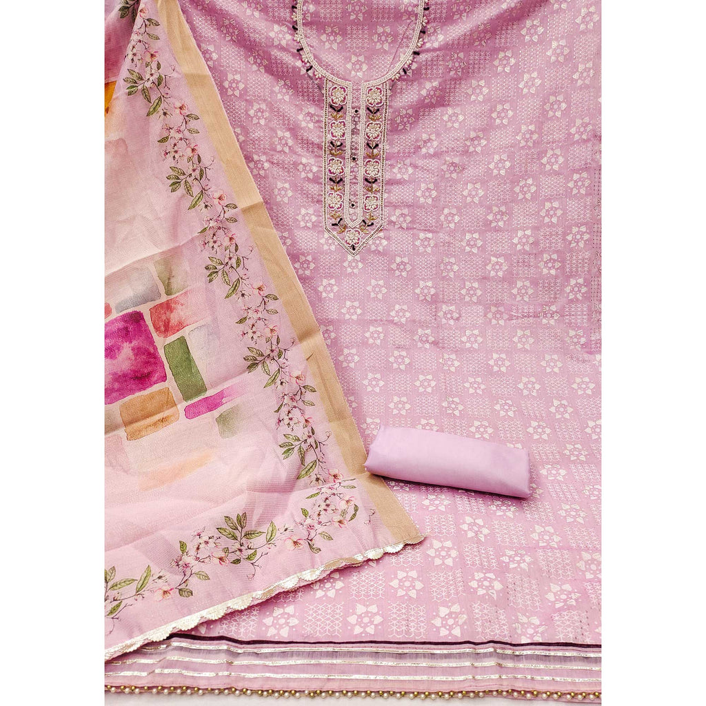 Pink Floral Printed With Hand Embroidery Chanderi Dress Material