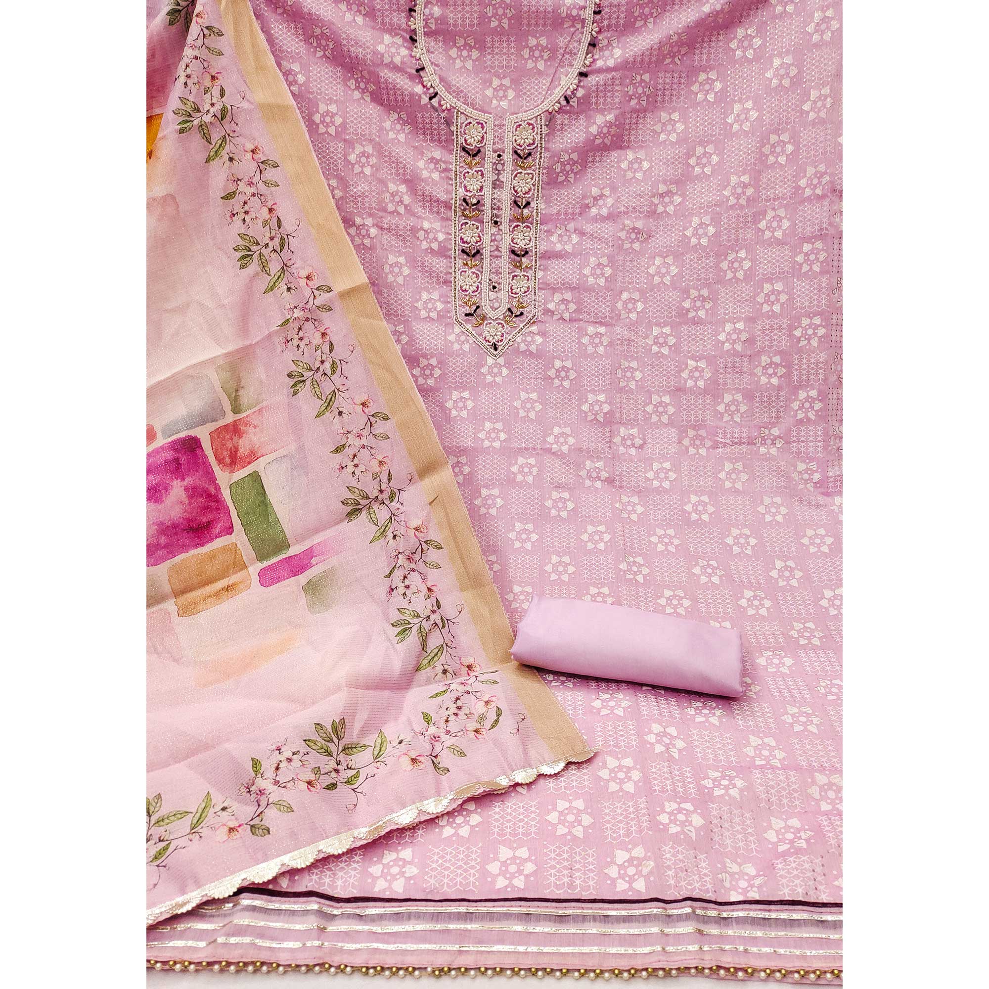 Pink Floral Printed With Hand Embroidery Chanderi Dress Material