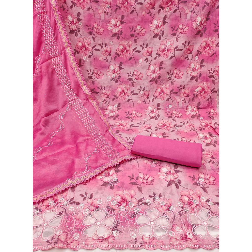Pink Floral Embroidery With Printed Pure Cotton Dress Material