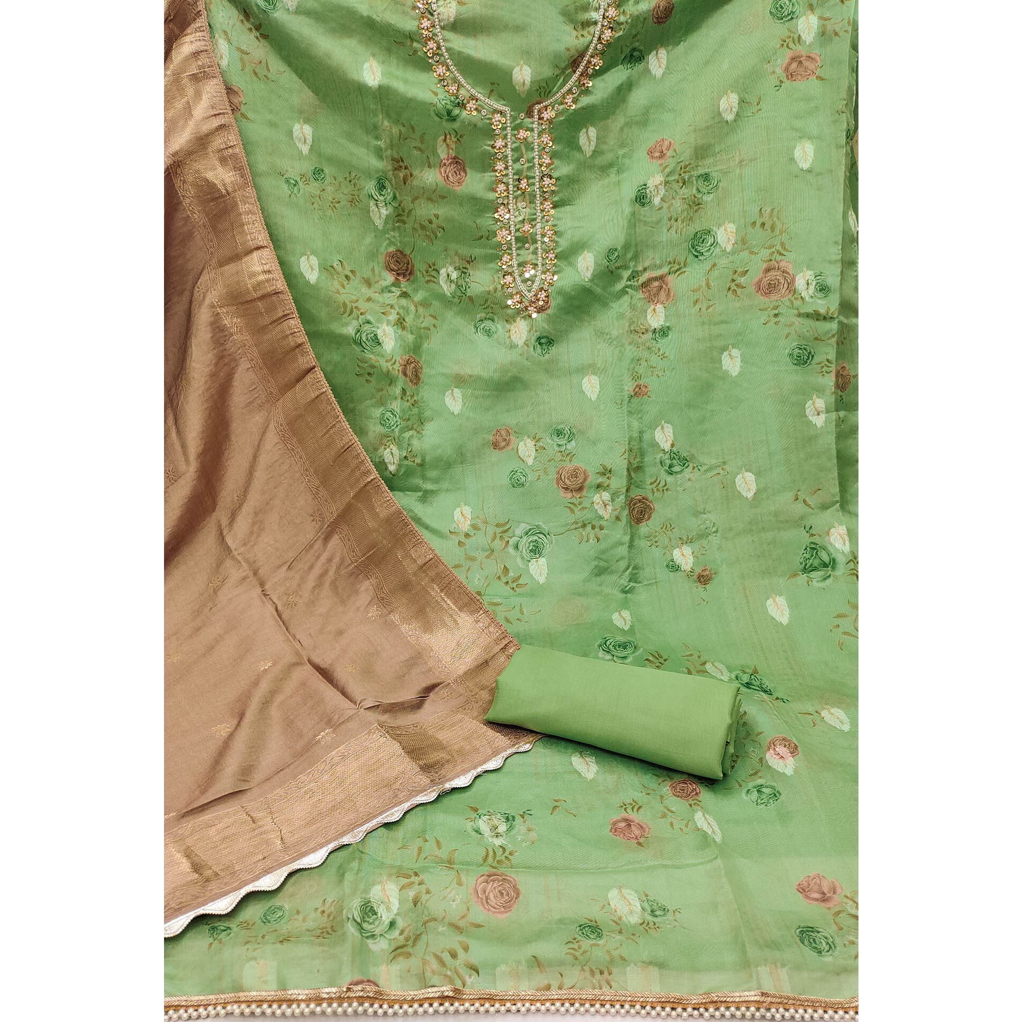 Green Floral Digital Printed With Handwork Organza Dress Material