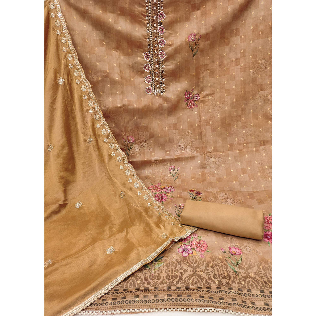 Chikoo Floral Digital Printed With Handwork Chanderi Dress Material