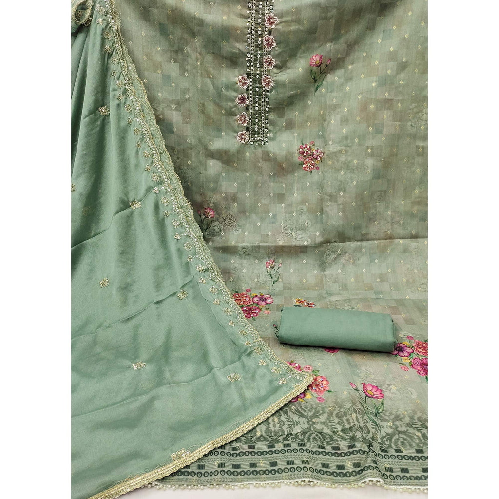 Green Floral Digital Printed With Handwork Chanderi Dress Material